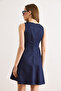 Women's Navy Blue Lace-Up Collar Mini Flared Denim Dress Elb-19002609 - 6