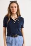 Women's Navy Blue Polo Collar Sleeve and Hem Wavy Cotton Knitwear Blouse Blz-19003285 - 5
