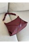 Women's Burgundy Drawstring Shoulder Bag with Gold Chain Detail, Soft Leather, Stylish Handbag, Width 32, Length 22 - 6