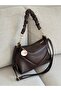Women's Brown Drawstring Shoulder Bag with Gold Chain Detail, Soft Leather, Stylish Handbag, Width 32, Length 22 - 7
