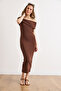Women's Brown Madonna Collar Maxi Ribbed Stretch Dress Elb-19002616 - 2