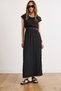 Women's Black Crew Neck Elastic Waist Maxi Textured Dress Elb-19002617 - 3
