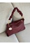 Women's Burgundy Drawstring Shoulder Bag with Gold Chain Detail, Soft Leather, Stylish Handbag, Width 32, Length 22 - 3