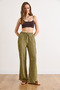 Women's Khaki Elastic Waist Textured Flowy Wide-Leg Pants Pnt-19000399 - 2