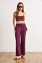 Women's Plum Color Elastic Waist Textured Flowy Wide Leg Pants Pnt-19000399 - 2