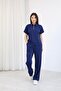 Women's Navy Blue Polo Collar Zippered Double Set
