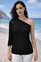 Women's Knitwear Blouse Black Single Sleeve Asymmetric Collar Openwork Special Design Stylish Knitted Pattern - 5