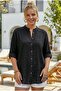 Black Stand-Up Collar Buttoned Long Sleeve Buttoned Casual Muslin Woven Shirt 75 63