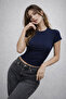 Women's Navy Blue Crew Neck Slim Fit Crop T-Shirt - 6