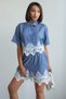 Women's Denim Look Stylish White Lace Embroidered Short Sleeve Shirt Shorts Set - 6