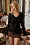 Women's Black Ruffled Collar and Sleeves Gathered Blouse Arm-26K001079 - 2