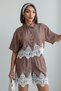 Women's Denim Look Stylish White Lace Embroidered Short Sleeve Shirt Shorts Set - 7