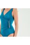 Women's Red/Petrol Solid Color Slim Covered V-Neck Double Breasted Gathering Swimsuit - 4