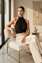 Women's Black Halter High Neck Buttoned Sleeveless Pleated Sandy Fabric Blouse - 4