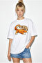Women's White 100% Cotton Crew Neck Monkey Punch Printed Oversize T-Shirt Öt261036 60286078 - 4