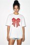 Women's White 100% Cotton Crew Neck Velvet Bow Printed Oversize T-Shirt Öt261034 60286083 - 4