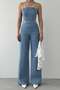 High waist wide leg jean jumpsuit with belt detail in light blue