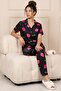Women's Strawberry Patterned Shirt Collar Short Sleeve Long Cool Milan Fabric Pajama Set - 3