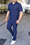 Men's Self-Patterned Jacquard Fabric 2-Piece Set - Navy Blue
