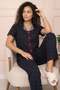 Women's Cherry Patterned Ribbed V-Neck Short Sleeve Under-Long Cool Viscose Camisole Pajama Set - 3