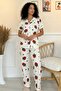 Women's Strawberry and Heart Patterned Shirt Collar Short Sleeve Bottom Long Cool Touch Milan Fabric Pajama Set - 2