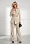 Women's Black Two-Piece Stylish Gold Belted Padded Shoulders Blazer Jacket Wide-Leg Trousers Set