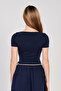 Women's boat neck ruched short sleeve bodysuit - navy blue - 5