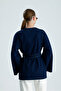 Women's Navy Denim Jacket with Belt Modern Design - 7