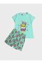 Girls' 100% Cotton Green Cat Patterned Short Sleeve Shorts Summer Pajama Set - 2