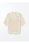 Ecru Polo Neck Openwork Women's Knitwear Sweater - 5