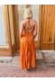 Orange Color Gold Detailed Halter Neck Open Back Silk Dress - 8