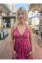 Fuchsia Color Gold Detailed Halter Neck Open Back Silk Dress - 3