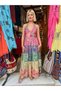 Green Color Gold Detailed Halter Neck Patchwork Silk Dress