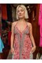 Pink Color Floral Patterned Gold Detailed Halter Neck Open Back Silk Dress - 3