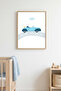 Minimal Blue Car Painting with Natural Wood Frame - Vibrant Tones |   Huhu1572 - Single Table Natural Wood Frame