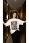 White Oversize Crew Neck Bag Shoe Print Women's T-Shirt with Charm Detail