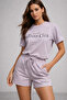 Women's Lilac Cotton Sporty Short Sleeve Oversize T-Shirt and Shorts Bottom Top Set Two Piece Set