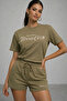 Women's Khaki Cotton Sporty Short Sleeve Oversize T-Shirt and Shorts Bottom Top Set Two Piece Set - 4