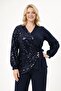 Women's Navy Blue Large Size Sequin Detailed Pants Blouse Evening Dress Set Hzl26W-Pr10011 - 2