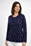 Women's Patterned Round Neck Relaxed Fit Combed Cotton Blouse for Middle Age and Above Mothers 8602 - 3
