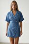 Indigo Jacket Collar Oversize Linen Shirt and Tie-Up Shorts Skirt Set