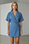 Indigo Jacket Collar Oversize Linen Shirt and Tie-Up Shorts Skirt Set - 3