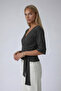 Brown double-breasted tie-up self-textured three-quarter sleeve blouse - 4