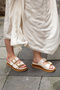 01780 Eren Shoes&Bag Real Leather Cream Two-Stripe Gold Buckle Detailed Women's Slippers Cream - 3