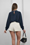 Crew Neck Pleated Model Blouse - Navy Blue - 6
