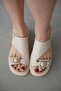 Solea Genuine Leather Low Heel Women's Sandals with Gold Accessory Detail - Ecru - 6