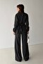 Women's Black Striped Double-Breasted Top and Bottom Set with Tie Detail - 7