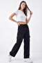 Women's Black Oversize Parachute Fabric Cargo Pants with Pockets, Adjustable Leg Clips, Baggy Pants - 6