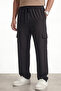 Men's Black Parachute Fabric Cargo Pants with Pockets, Adjustable Leg Clips, Baggy Style