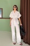 Women's Beige Pocketed Belted Button Detailed Linen Textured Top and Bottom Set - 2